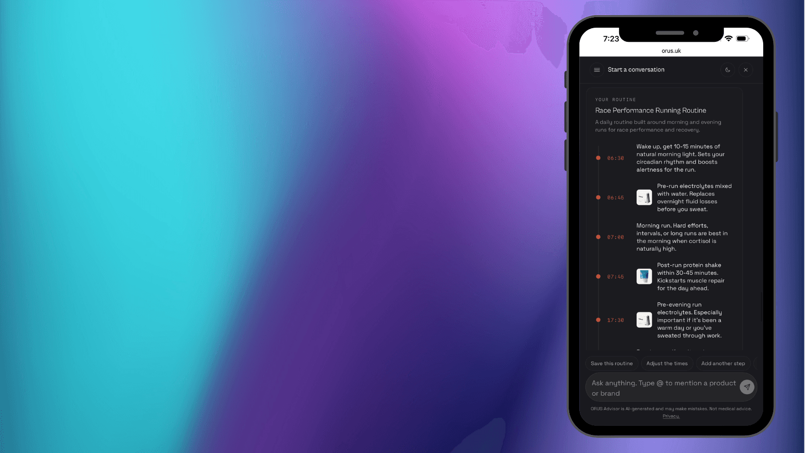 ORUS advisor on a phone, reading the user's sleep and training context