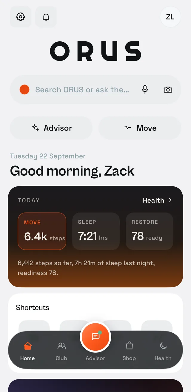 The ORUS app's Home tab